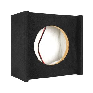 Black carpeted subwoofer enclosure with a circular mounting hole and red and black speaker wires.