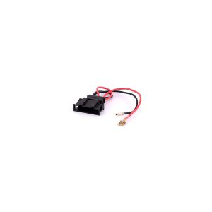 Two-pin black plastic electrical connector with red and black wires and gold bullet terminals.