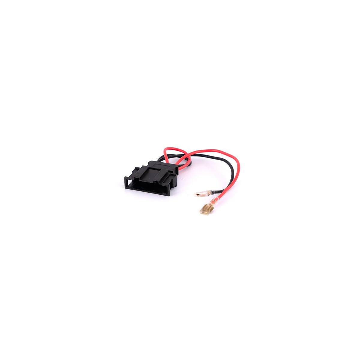 Auto-Connect Vw01Sca Two-pin black plastic electrical connector with red and black wires and gold bullet terminals.