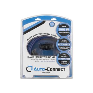 Auto-Connect WK108CCA 8 AWG / 10mm² wiring kit with blue power cable, RCA cable, and 40A fuse.