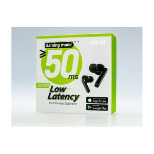 AUVI true wireless earbuds with gaming mode, 50 ms low latency, packaged in white and green box.