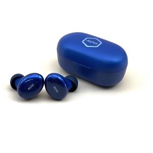 AUVI blue true wireless earbuds with glossy blue charging case.
