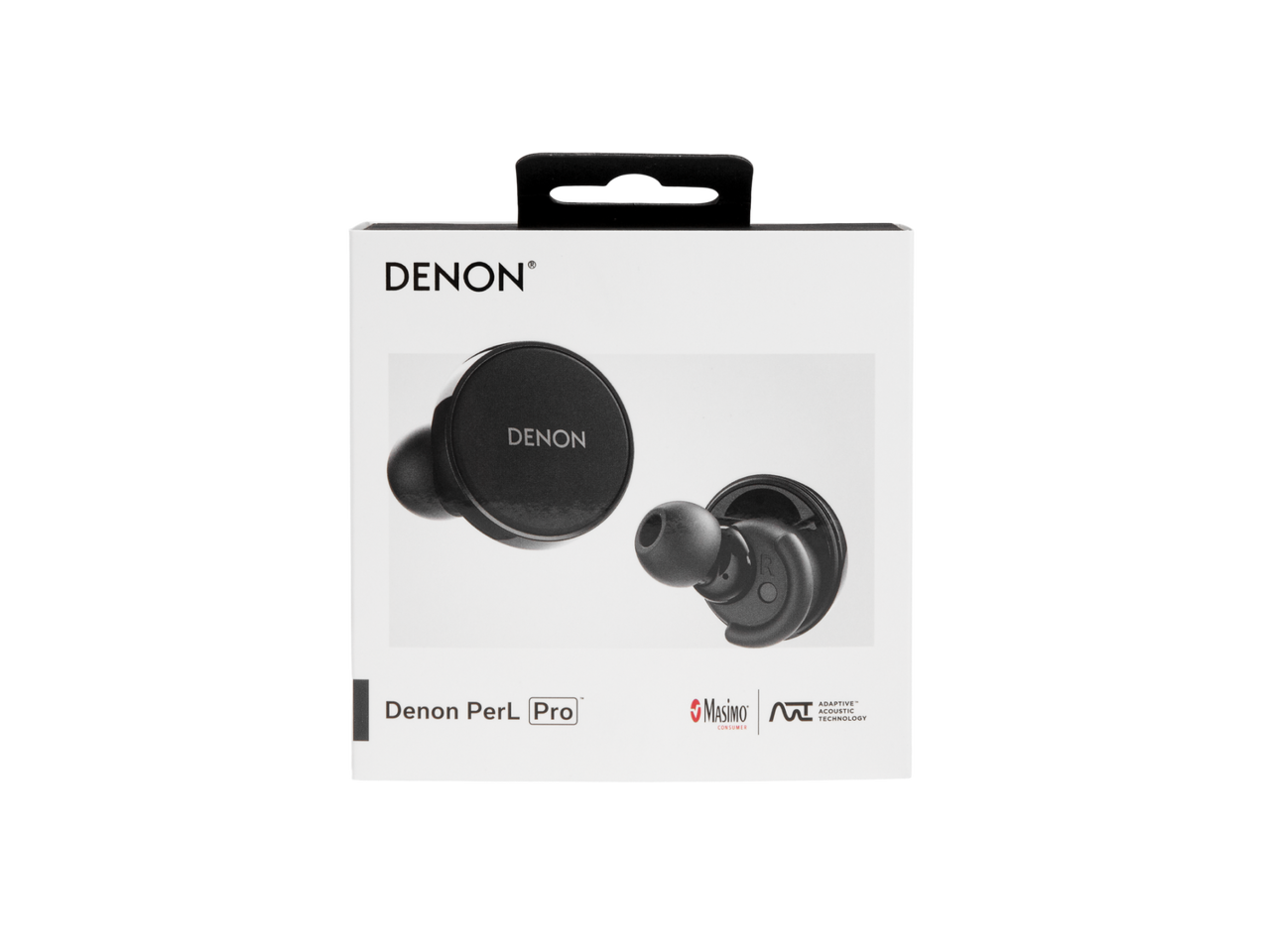 Denon Perl Pro Denon perl pro true wireless earbuds in black, shown on packaging with denon logo.
