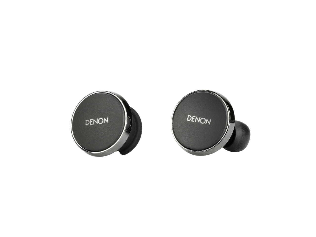 Denon Perl Pro Pair of denon true wireless earbuds with round black faceplates, silver rims, and silicone ear tips.