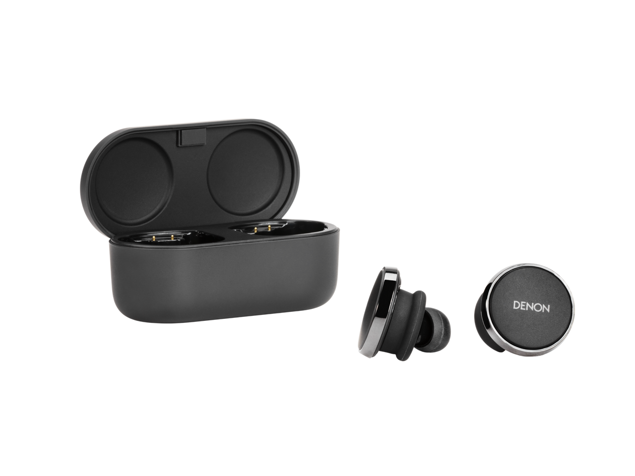 Denon Perl Pro Denon true wireless earbuds with charging case, black finish, case open showing two earbuds.