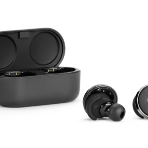 Denon true wireless earbuds with magnetic charging case, black glossy finish, silicone ear tips, DENON logo on earbud.