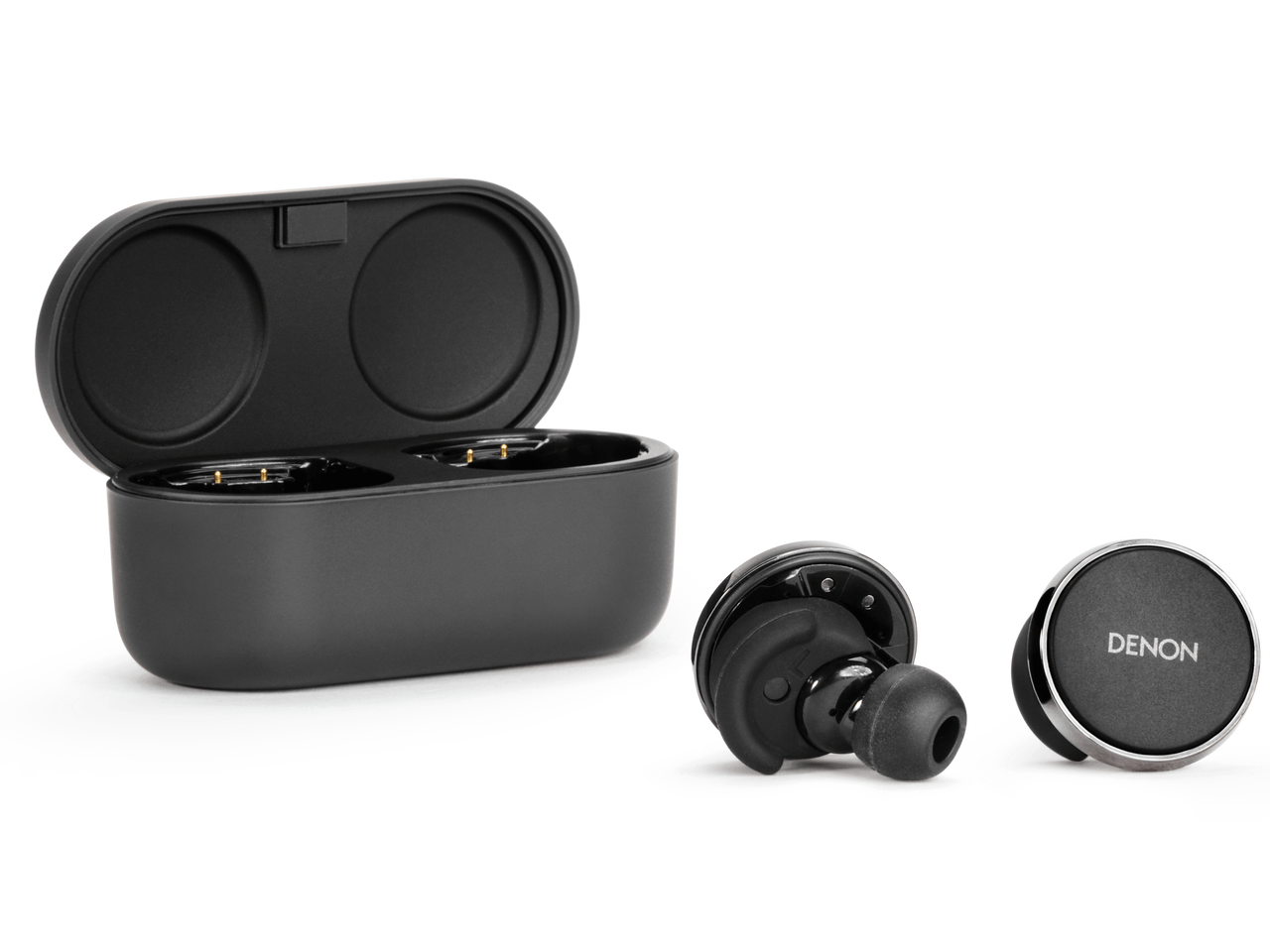Denon Perl Pro Denon true wireless earbuds with magnetic charging case, black glossy finish, silicone ear tips, denon logo on earbud.
