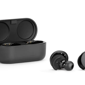 Denon true wireless earbuds with black charging case, lid open, ear tips and charging contacts visible.