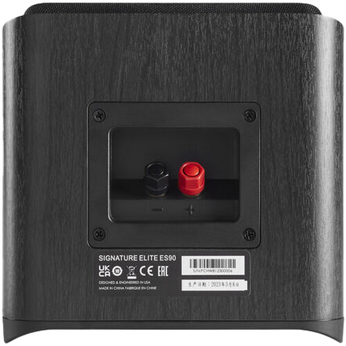 Polk Audio Signature Elite Es90 Rear view of a black wood-finished speaker with red and black binding posts, model signature elite es90.