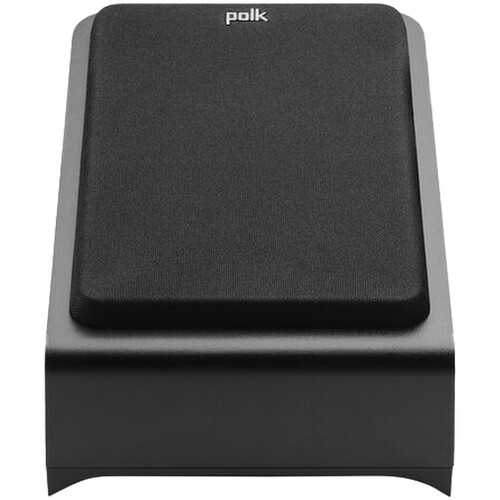Polk Audio Signature Elite Es90 Polk desktop speaker with black fabric grill mounted on a gray pedestal base.