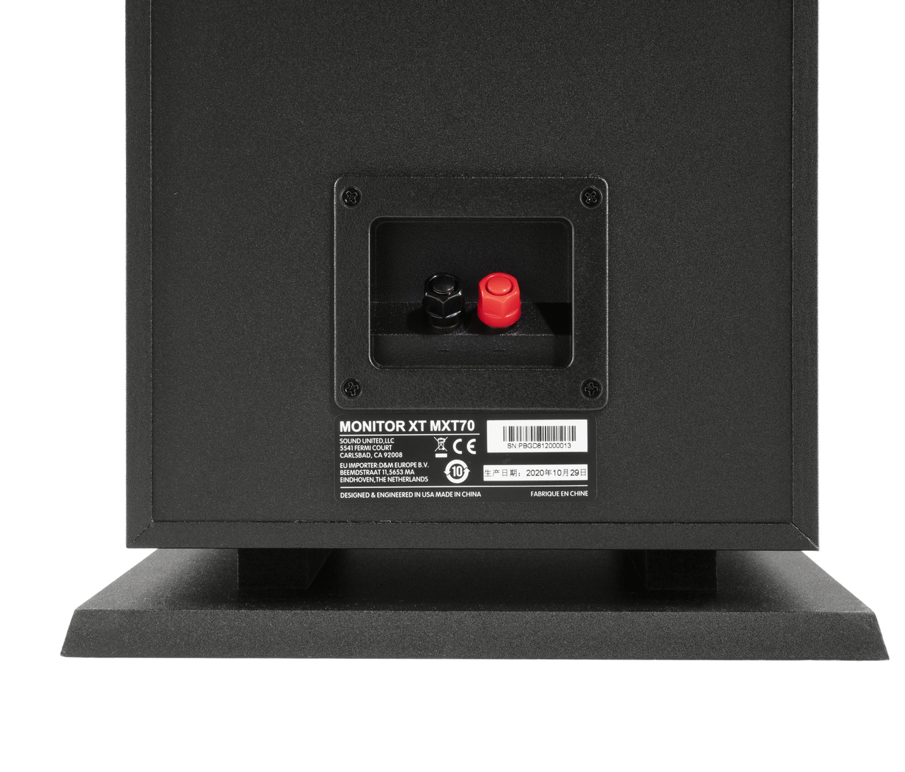 Polk Monitor Xt70 Rear view of monitor xt mxt70 speaker with red and black binding posts.