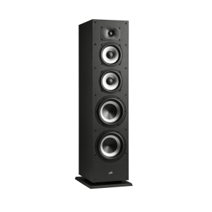 Polk floor-standing speaker with four drivers, including a tweeter and three silver-cone woofers, in a tall black cabinet with base.