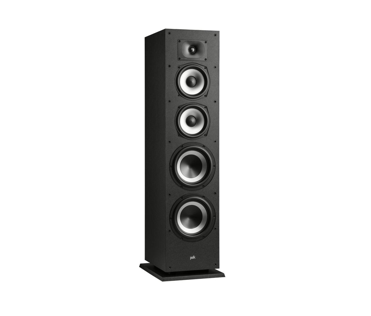 Polk Monitor Xt70 Polk floor-standing speaker with four drivers, including a tweeter and three silver-cone woofers, in a tall black cabinet with base.
