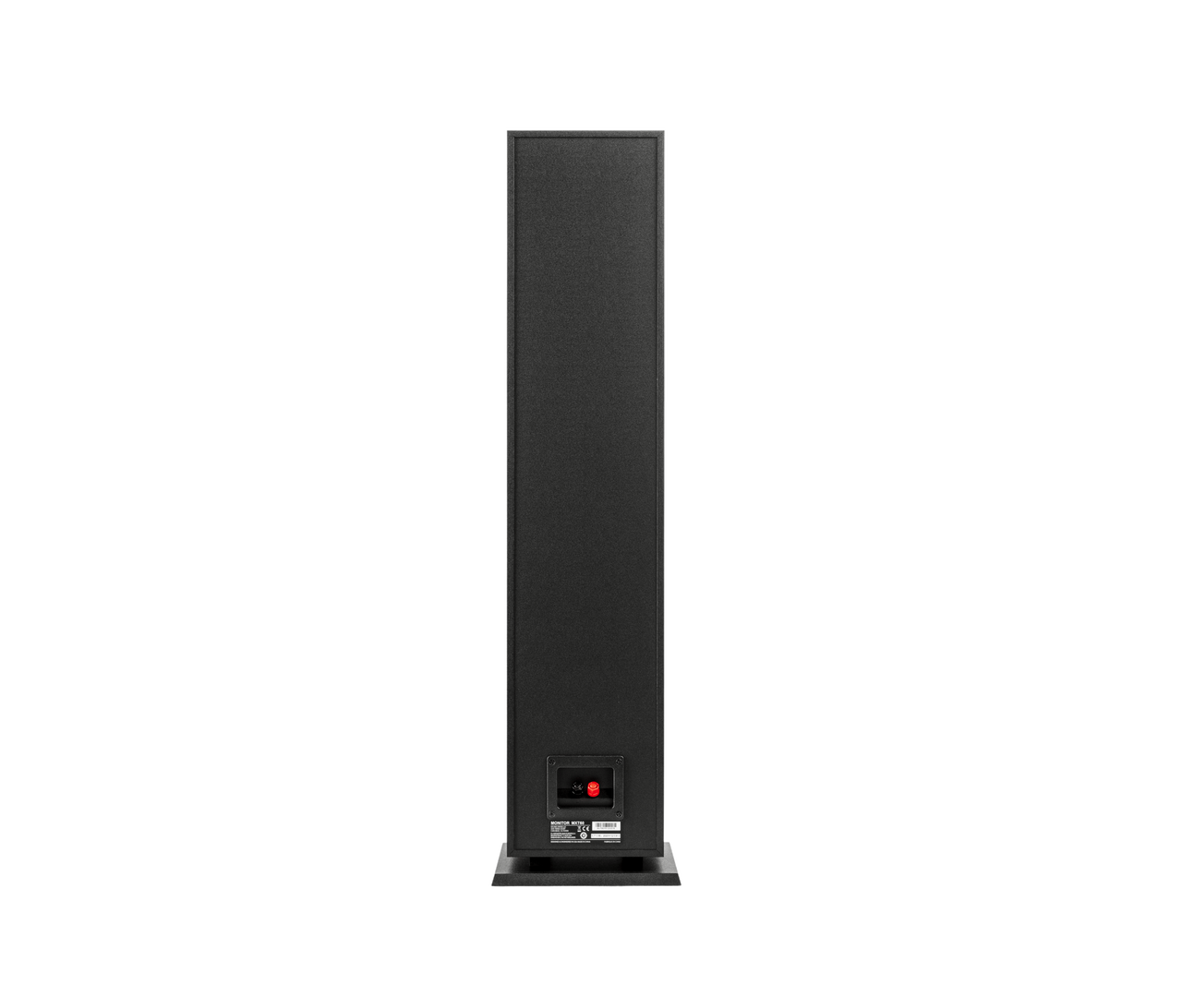 Polk Monitor Xt60 Tall black floor-standing loudspeaker viewed from the rear with binding post terminals and a metal base plate.