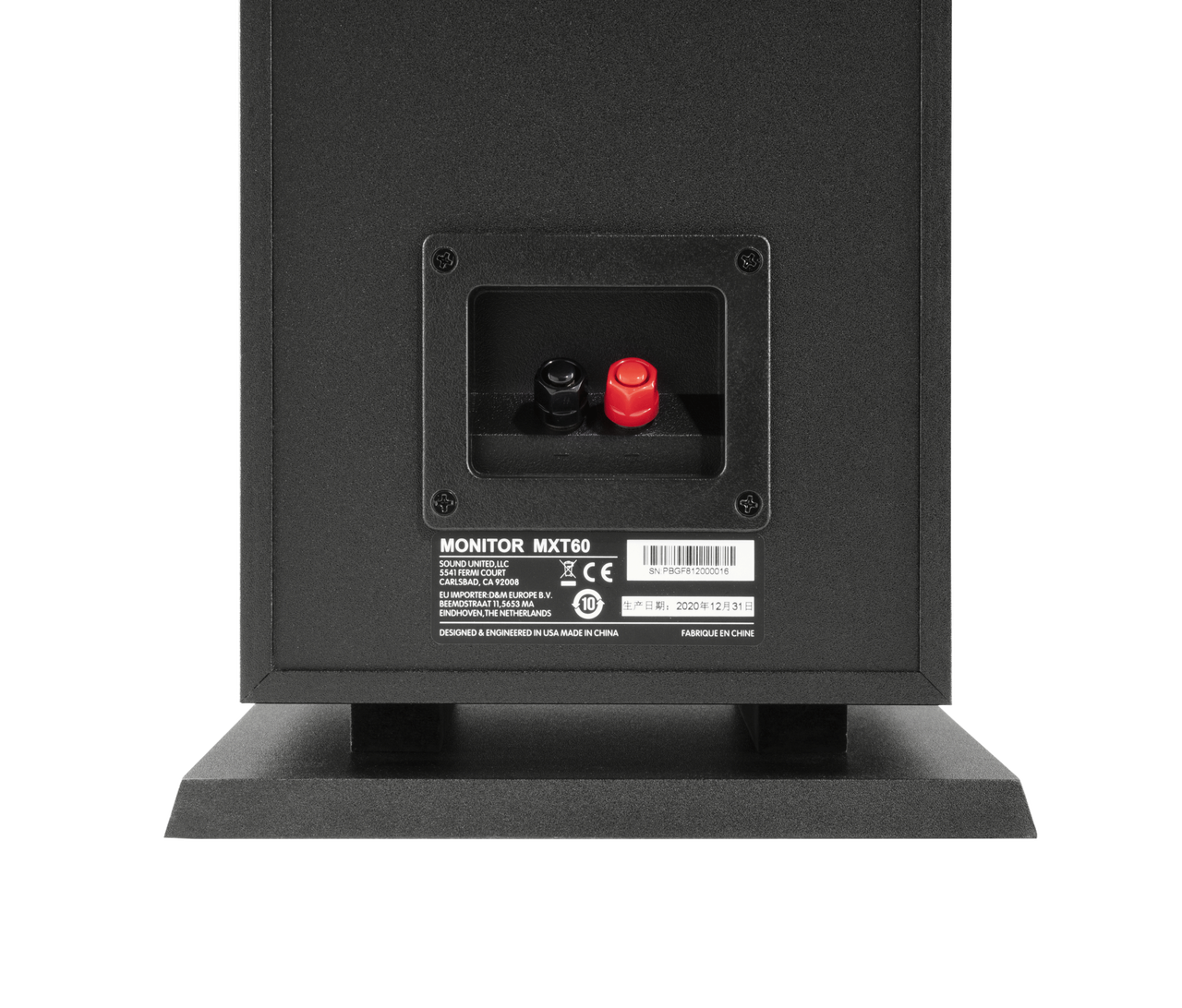 Polk Monitor Xt60 Rear view of a black monitor mxt60 studio monitor speaker with red and black binding posts.