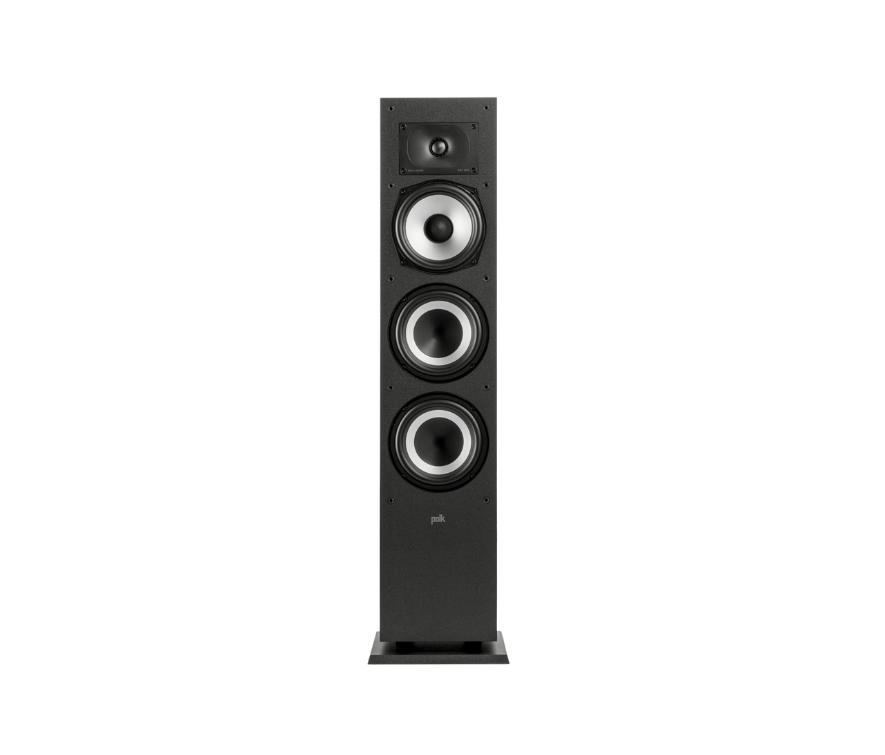 Polk Monitor Xt60 Polk floor-standing speaker with four drivers, including top tweeter and three large woofers in a dark grey cabinet.