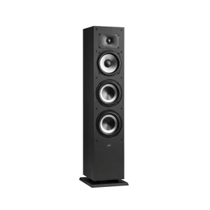 Polk Audio tall black floorstanding speaker with four circular drivers.