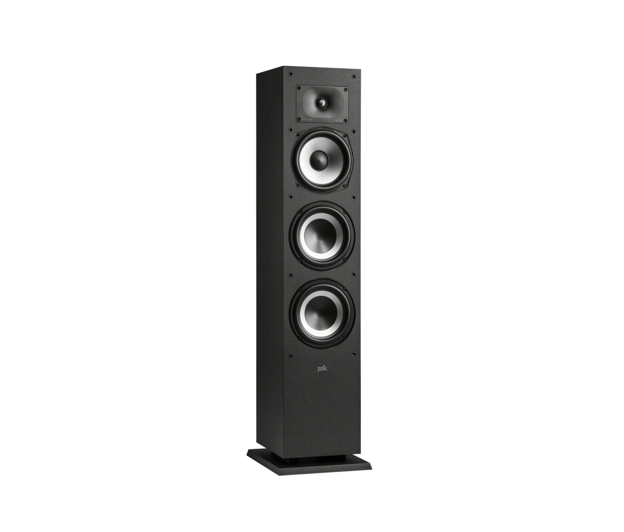 Polk Monitor Xt60 Polk audio tall black floorstanding speaker with four circular drivers.