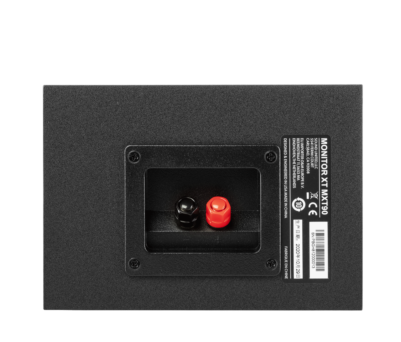 Polk Monitor Xt90 Rear panel of a black speaker with red and black binding posts; label shows monitor xt mxt90.