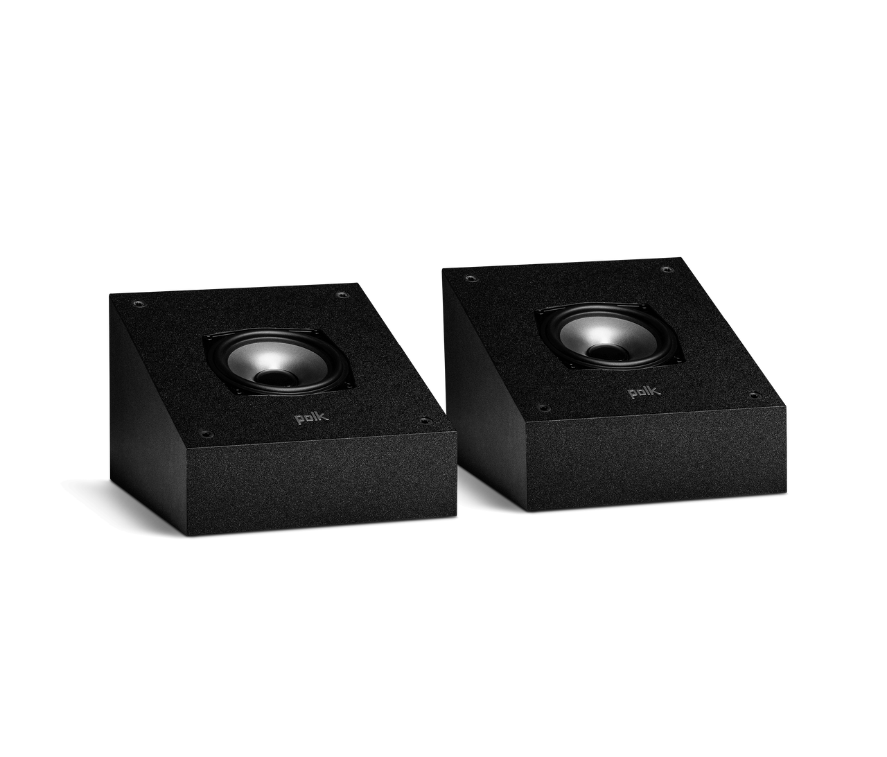 Polk Monitor Xt90 Pair of black polk subwoofers with top-mounted circular drivers and textured finishes on a black background.