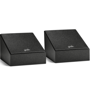 Polk Audio pair of black angled bookshelf speakers with fabric grilles.