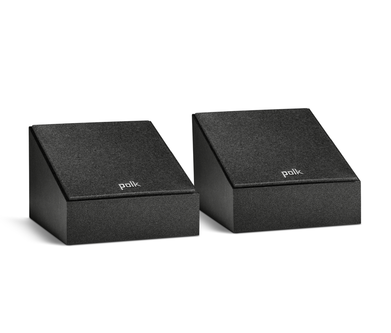Polk Monitor Xt90 Polk audio pair of black angled bookshelf speakers with fabric grilles.
