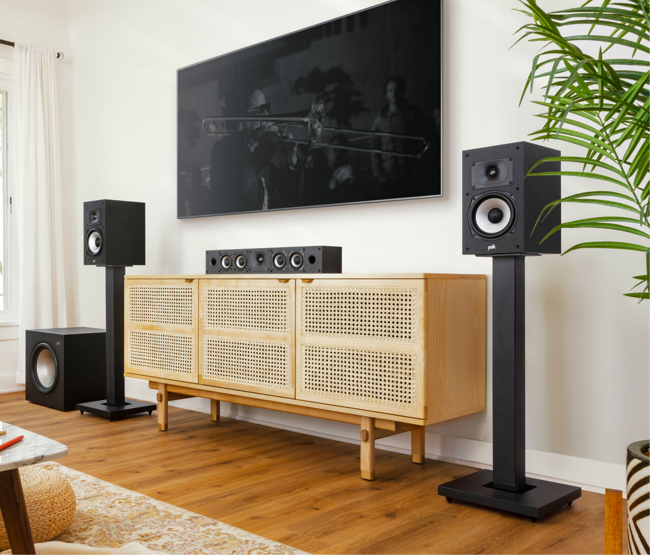 Polk Monitor Xt20 Polk floorstanding speakers with a subwoofer, alongside a cane-front media console and a wall-mounted flat-screen tv.