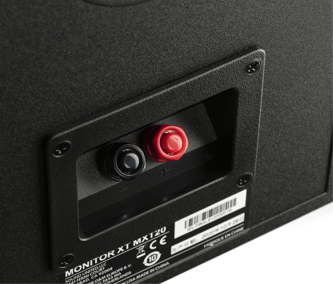 Polk Monitor Xt20 Studio monitor speaker back panel with red and black binding posts, model xtmx120.