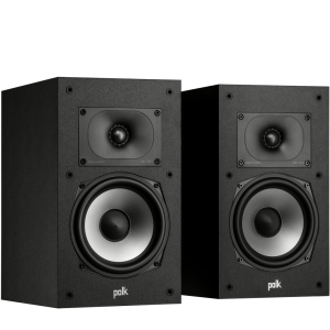 Polk Audio black bookshelf speakers, stereo pair, featuring a front-facing large woofer and a square tweeter module.