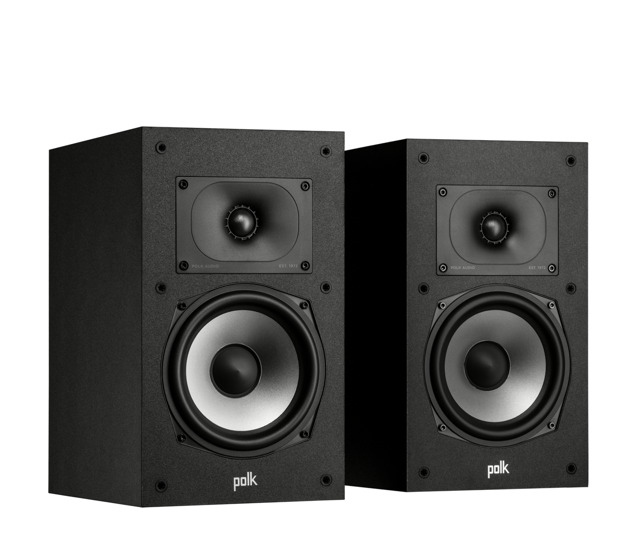 Polk Monitor Xt20 Polk audio black bookshelf speakers, stereo pair, featuring a front-facing large woofer and a square tweeter module.
