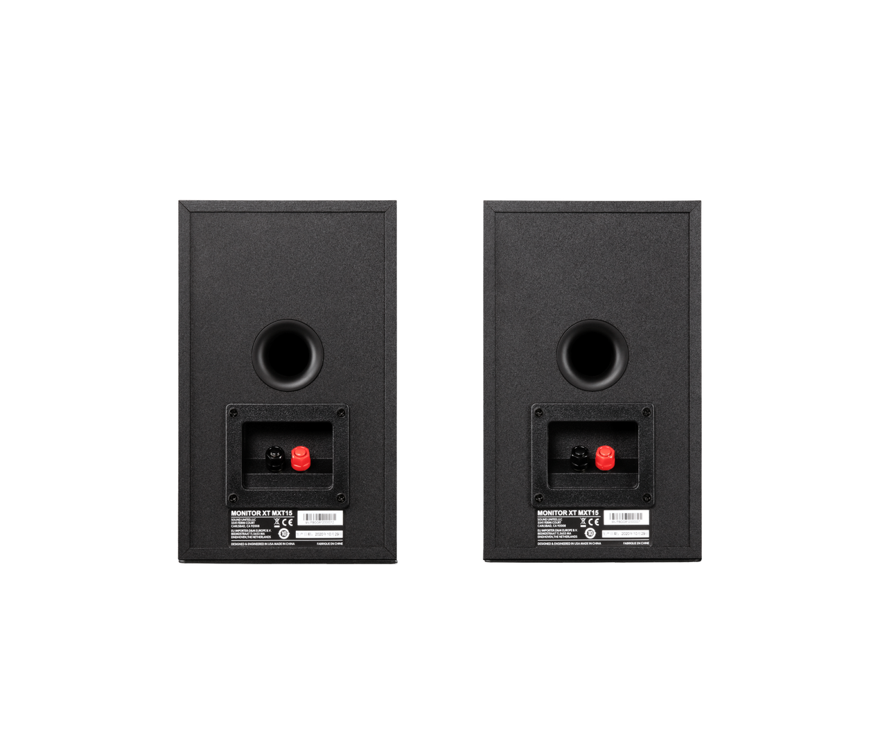 Polk Monitor Xt15 Pair of black monitor xt mxt15 studio monitor speakers, rear binding posts, circular port, shown against a black background.