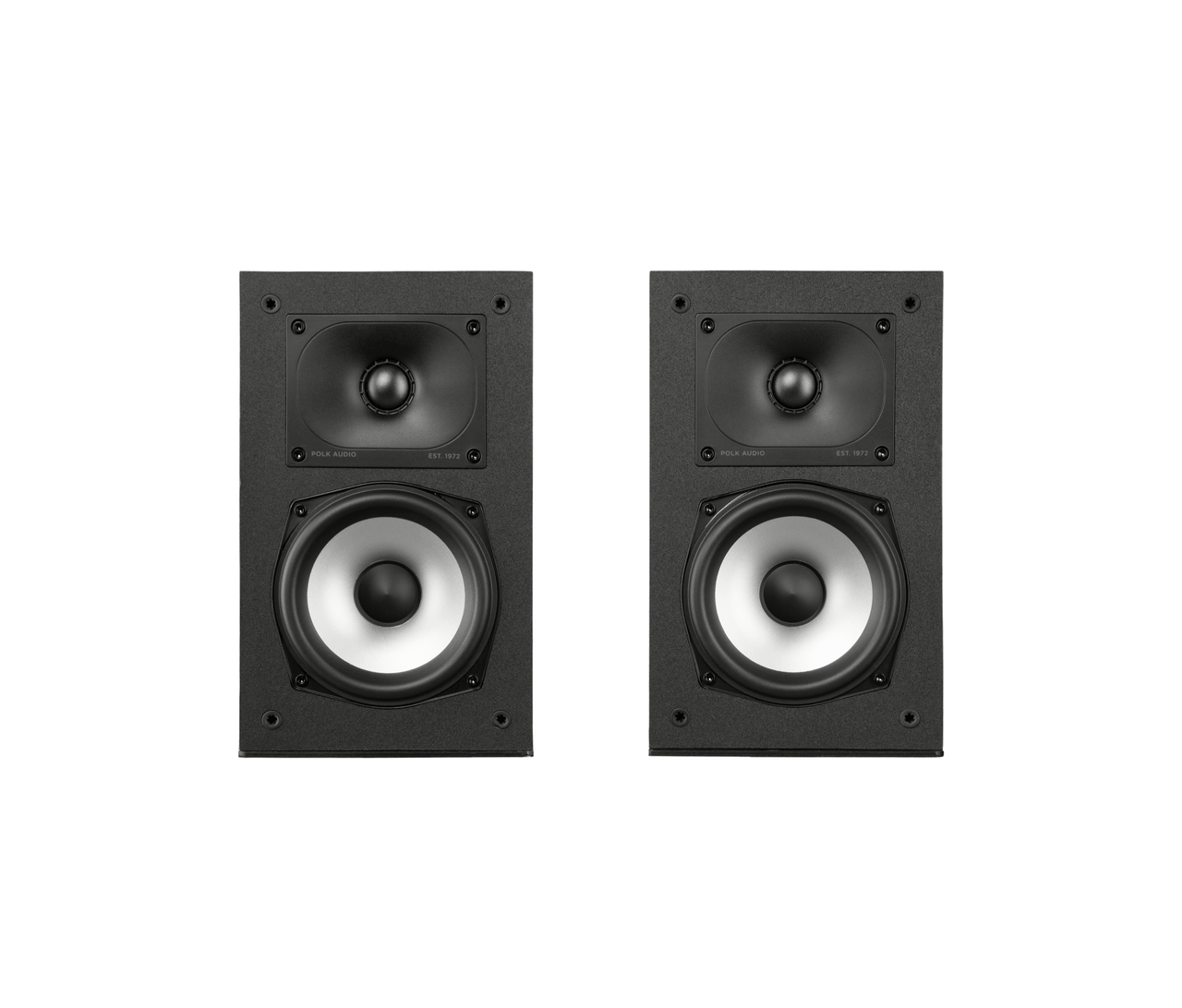 Polk Monitor Xt15 Polk audio two-way bookshelf speakers with black textured cabinets and visible tweeter above white-cone woofer.