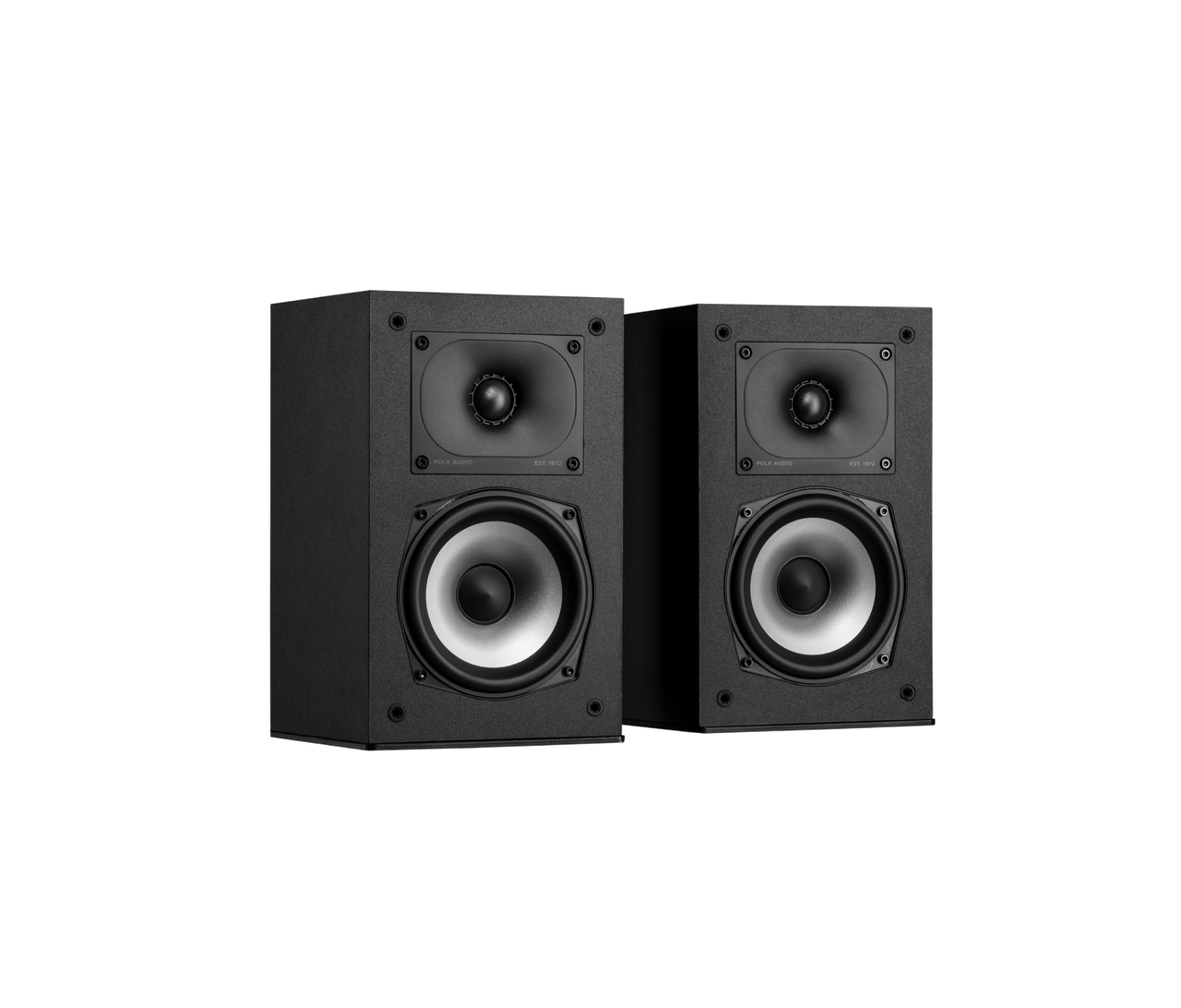 Polk Monitor Xt15 Pair of polk audio bookshelf speakers with a tweeter above a woofer in dark gray front panels.
