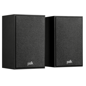 Polk black bookshelf speakers with fabric grilles.