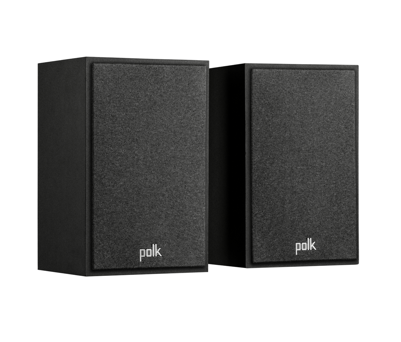 Polk Monitor Xt15 Polk black bookshelf speakers with fabric grilles.