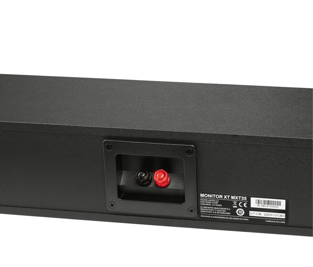 Polk Monitor Xt35 Back panel of monitor xt mxt35 studio monitor with red and black binding posts.
