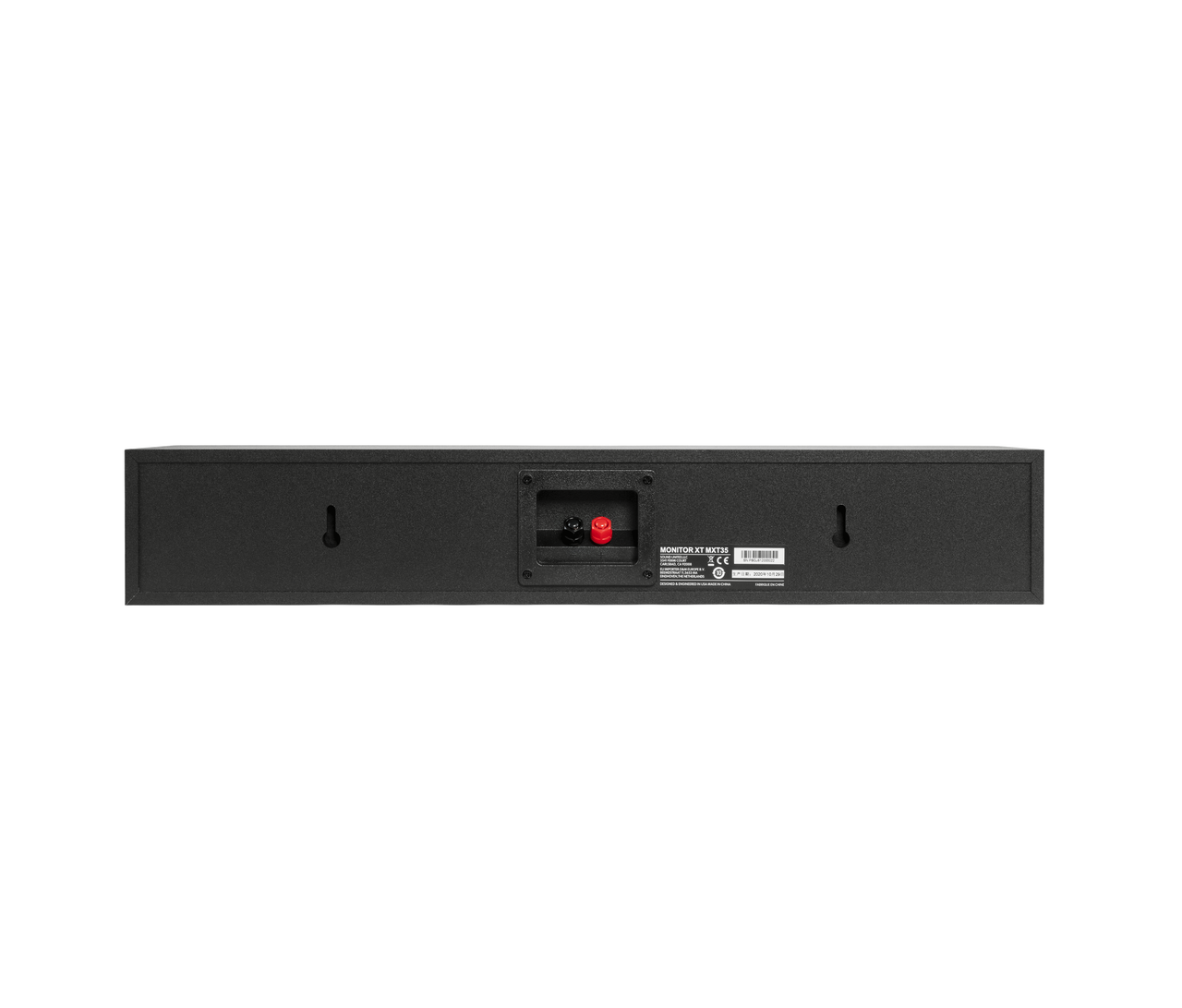 Polk Monitor Xt35 Rear view of black professional loudspeaker cabinet with red and black binding post connectors.