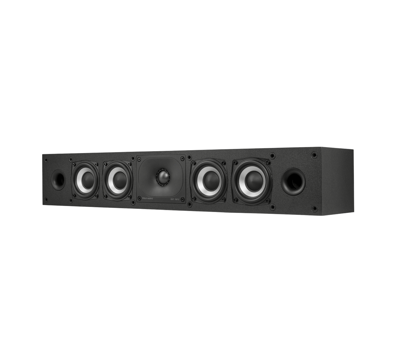 Polk Monitor Xt35 Polk audio soundbar with multiple drivers in a black rectangular enclosure and a centered brand plate