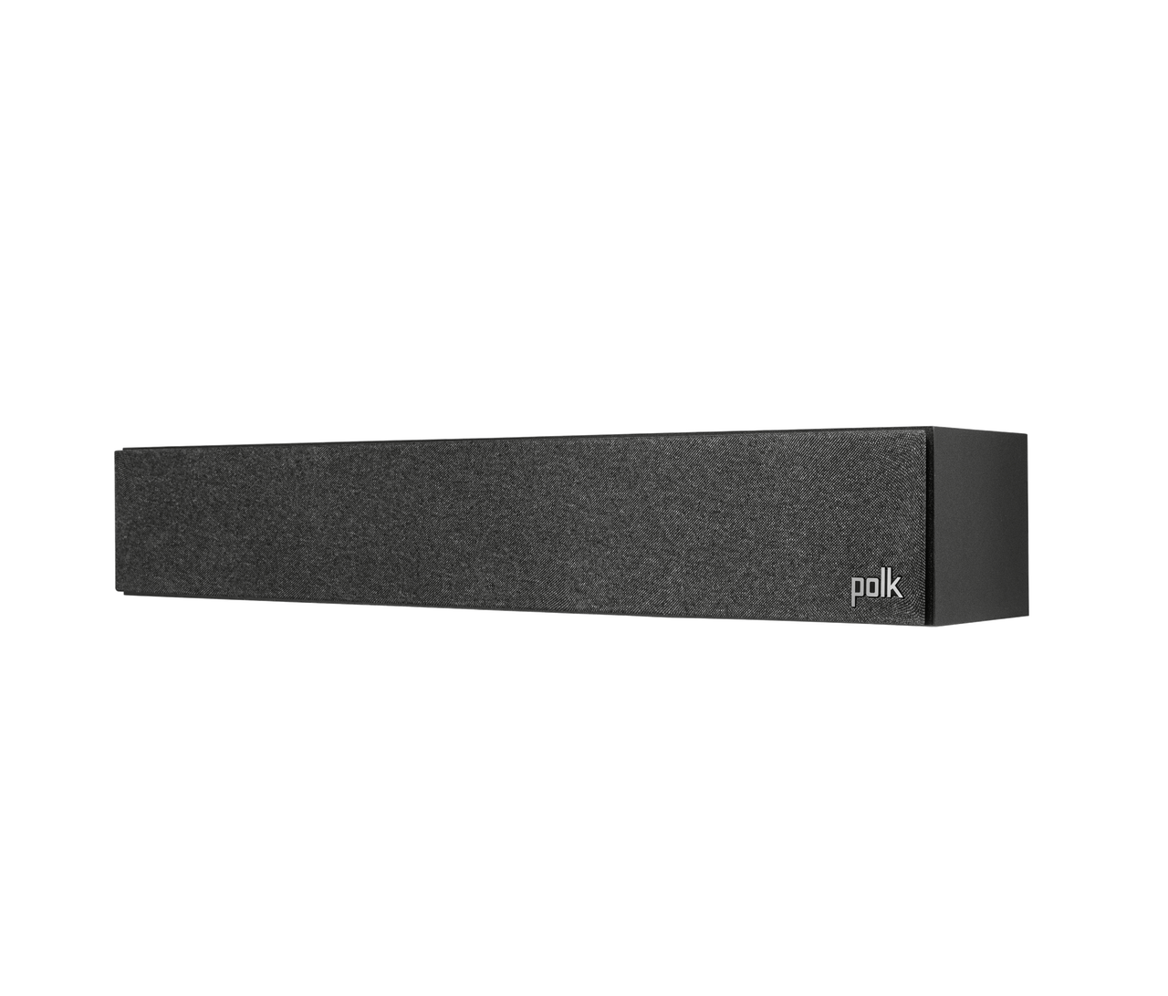 Polk Monitor Xt35 Polk soundbar with black fabric grille and slim rectangular design.