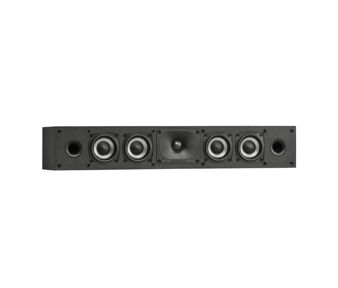 Polk Monitor Xt35 Polk audio soundbar with multiple round drivers, a central square woofer, and side bass ports.