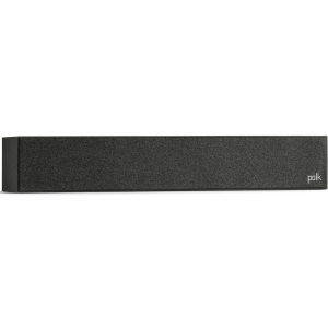 Polk soundbar with black fabric grille, slim rectangular profile, and logo on the right.