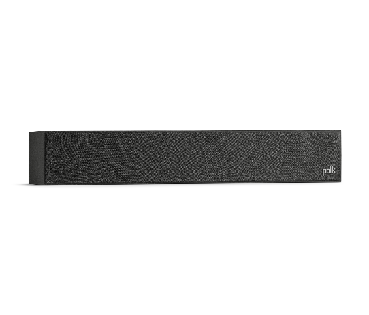 Polk Monitor Xt35 Polk soundbar with black fabric grille, slim rectangular profile, and logo on the right.