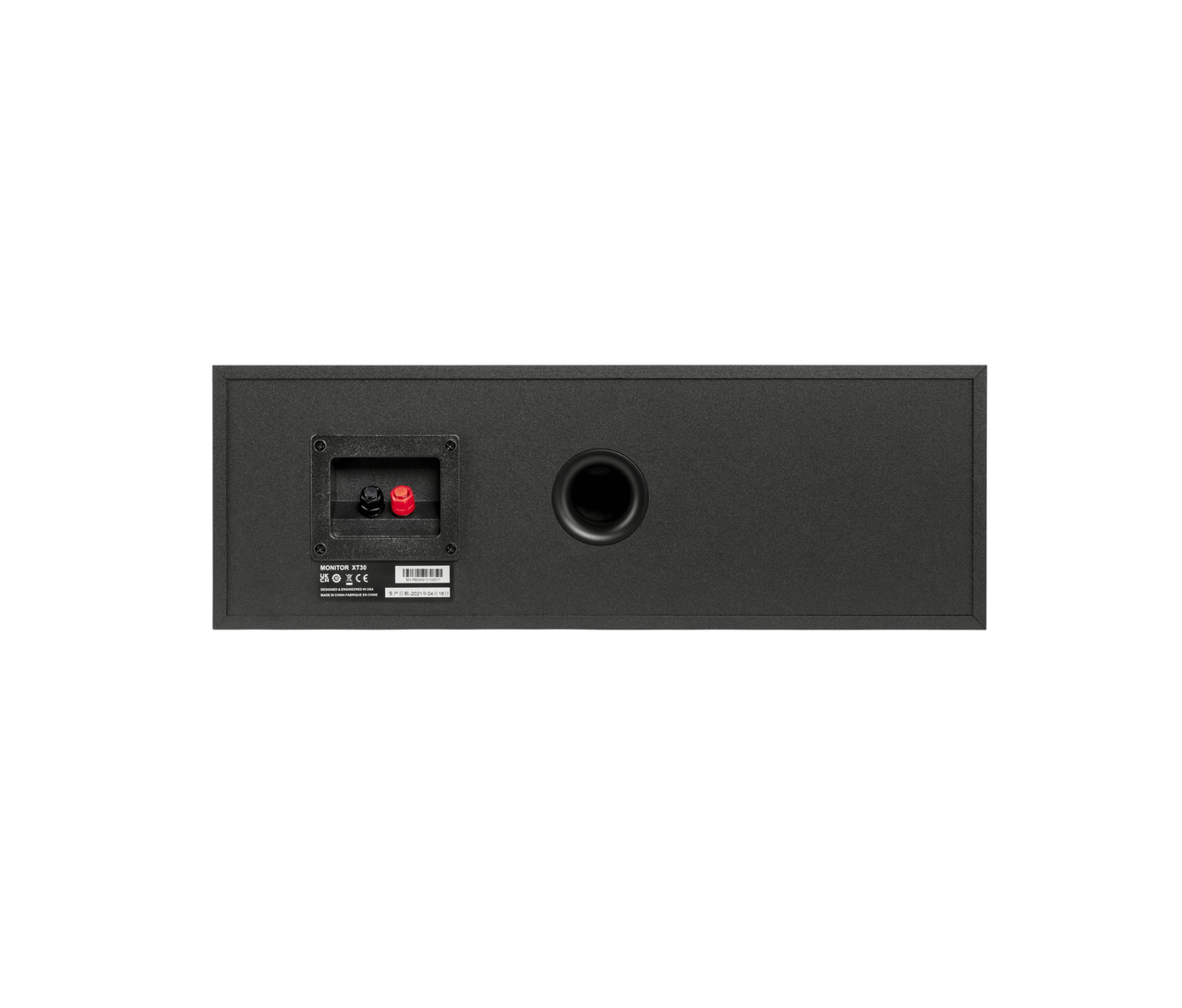 Polk Monitor Xt30 Black rectangular studio monitor speaker with rear input panel, red and black binding posts, and a circular bass reflex port.