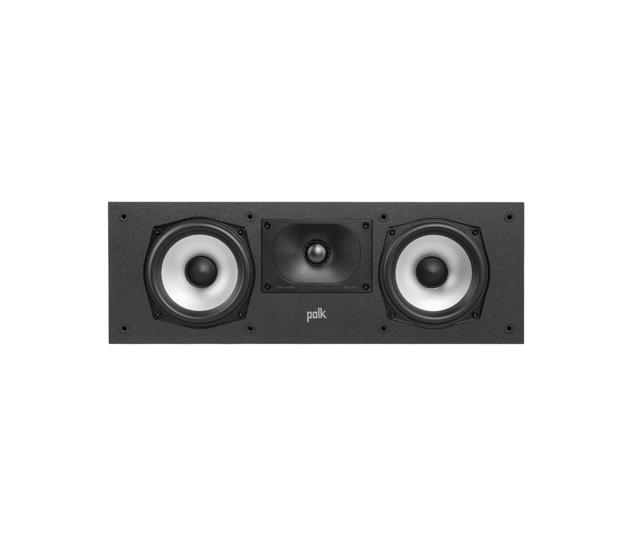 Polk Monitor Xt30 Polk audio center-channel loudspeaker with two large side woofers and a central driver in a gray textured cabinet
