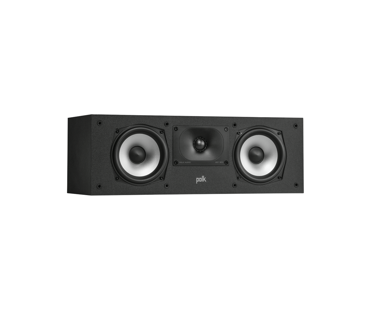 Polk Monitor Xt30 Polk audio center-channel speaker with two large woofer cones and a central tweeter in a black rectangular cabinet.