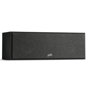 Polk black rectangular soundbar features fabric grille and front logo.