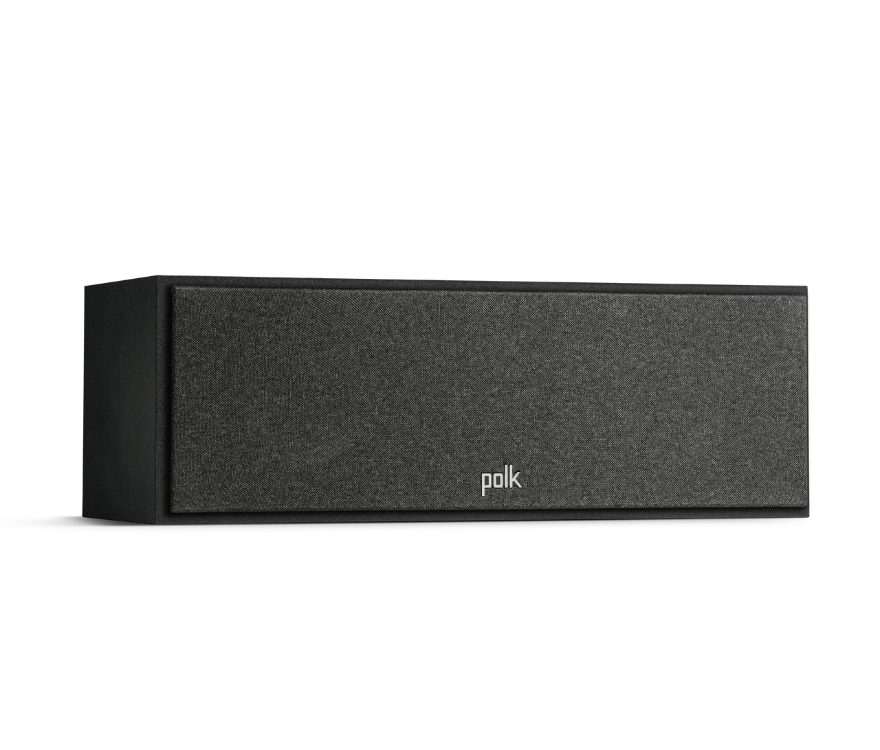 Polk Monitor Xt30 Polk black rectangular soundbar features fabric grille and front logo.