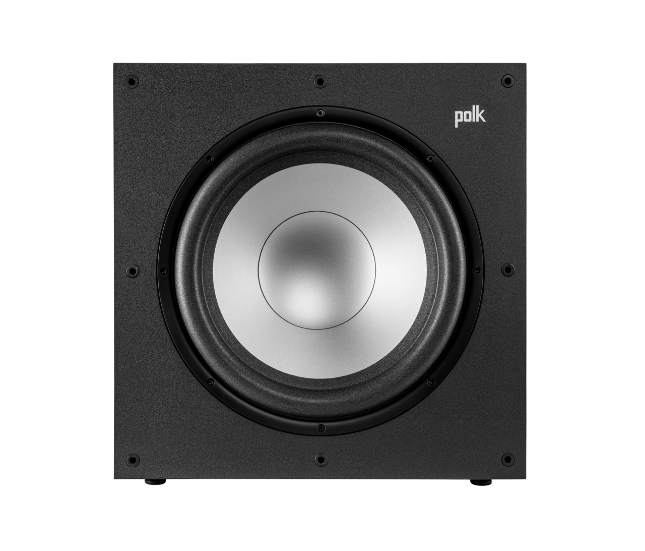 Polk Monitor Xt12 Polk subwoofer with a large silver cone woofer in a black cabinet.