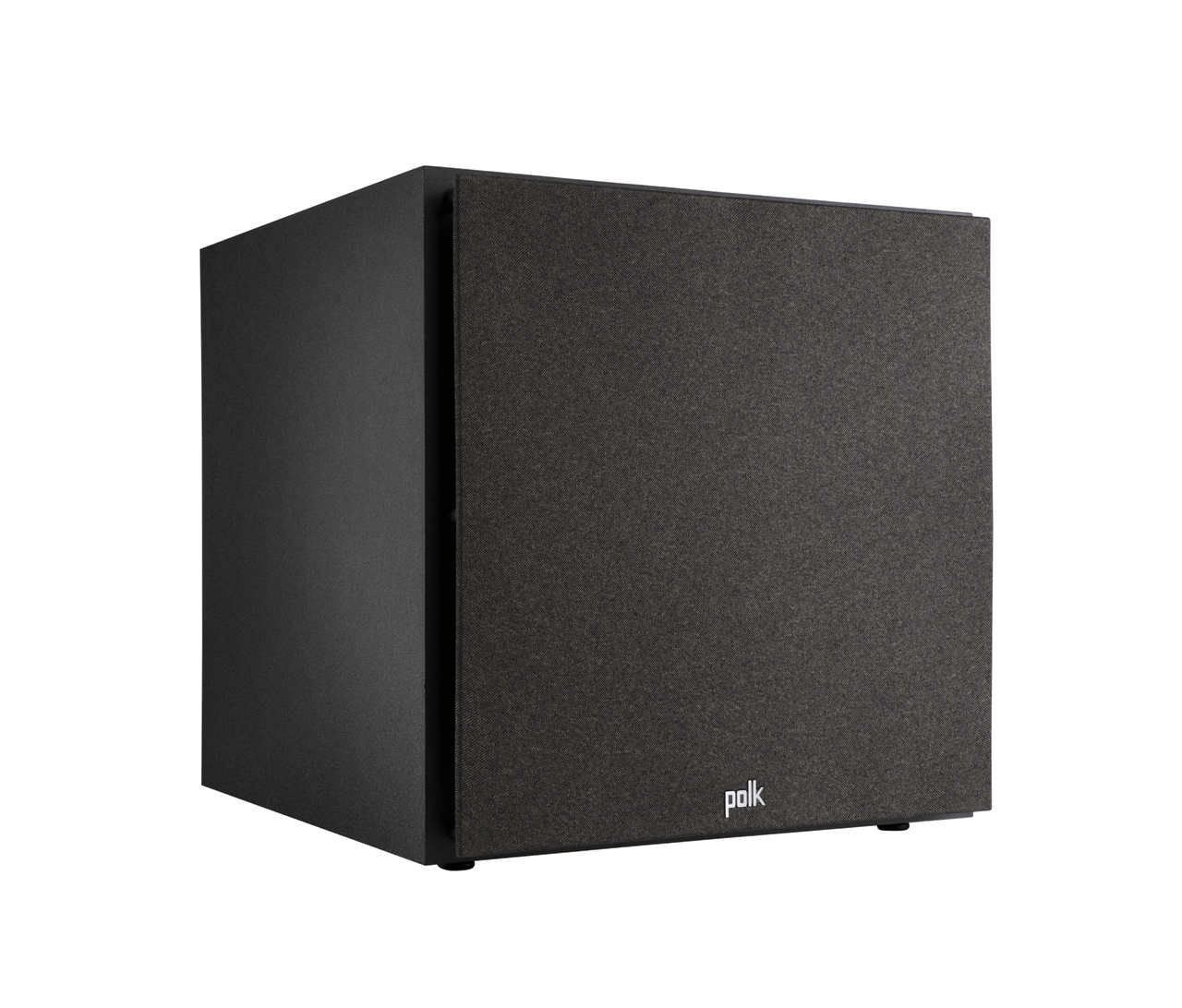 Polk Monitor Xt12 Polk subwoofer with black fabric grille and front-facing polk logo.