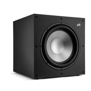 Polk subwoofer in a black cabinet with a large silver front-facing woofer.